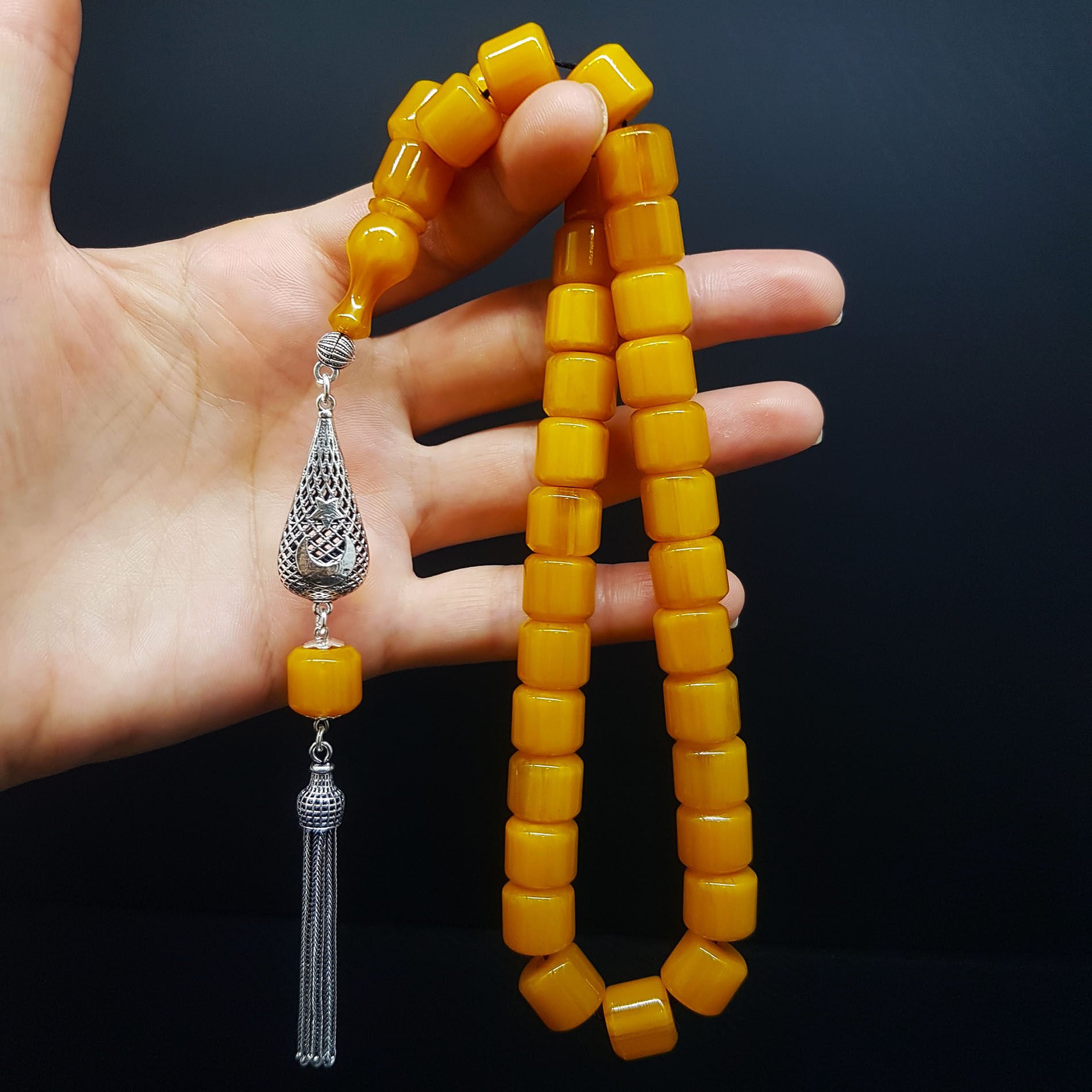 Büyük Boy Havşa Delim Teker Gümüş Püskül Küre Sıkma Kehribar