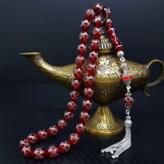 Gümüş Çakım Kırmızı Beyzi Ateş Kehribar Tesbih